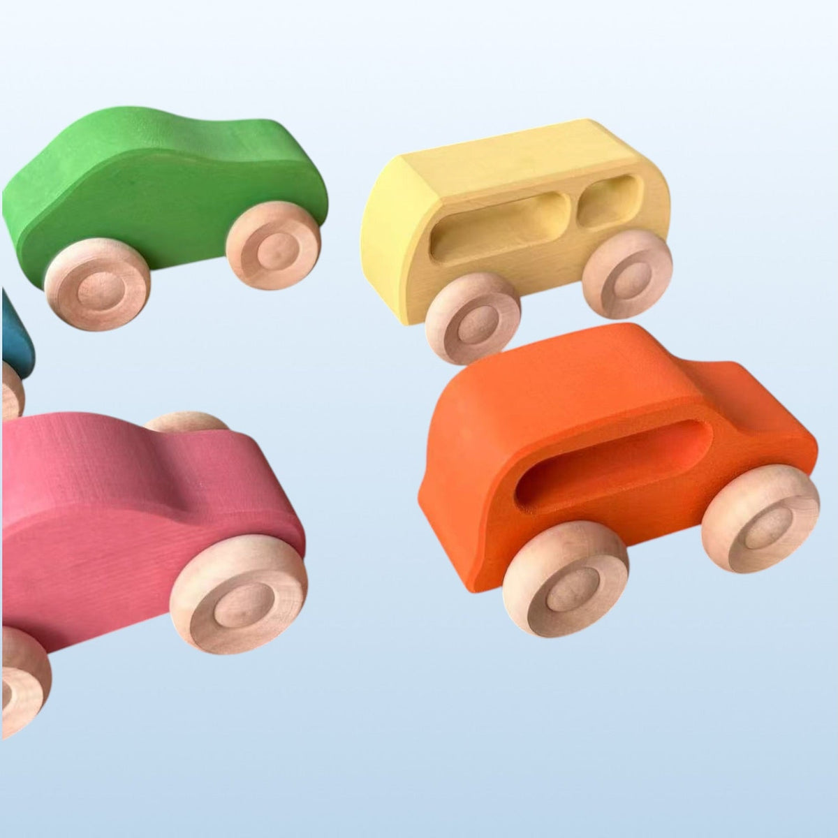 Green Elephant 7-Piece Wooden Rainbow Cars Set with 3 Peg Dolls