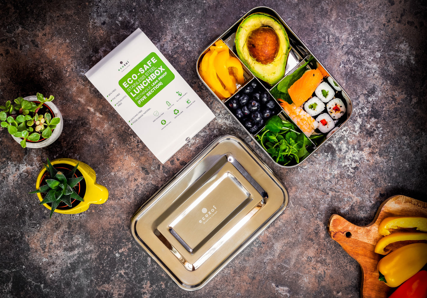 STAINLESS STEEL LUNCH BOX, 5 COMPARTMENT MICROWAVABLE, 50 OZ