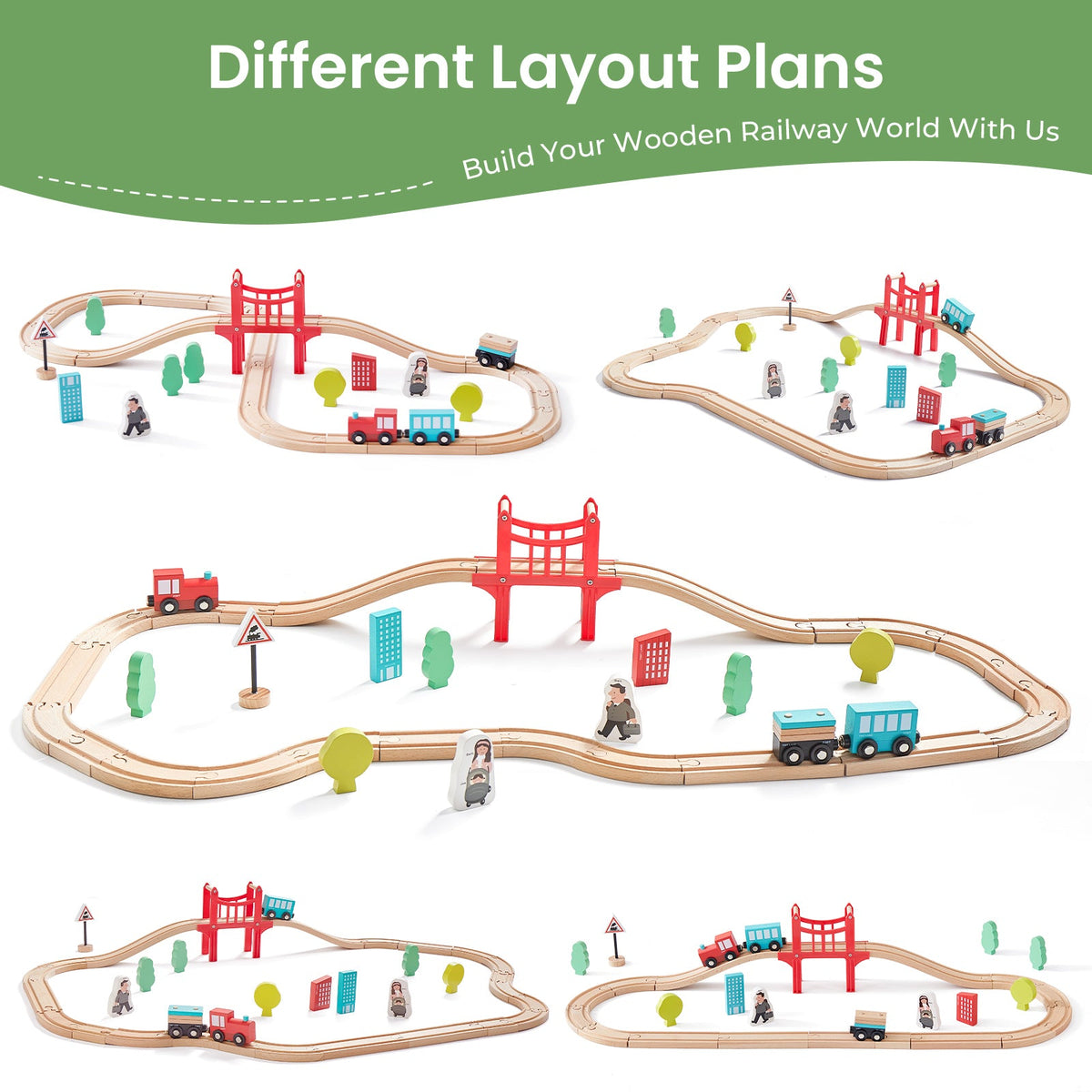 Tiny Land Wooden Train Set for Kids – 39, 55 or 110 Pieces