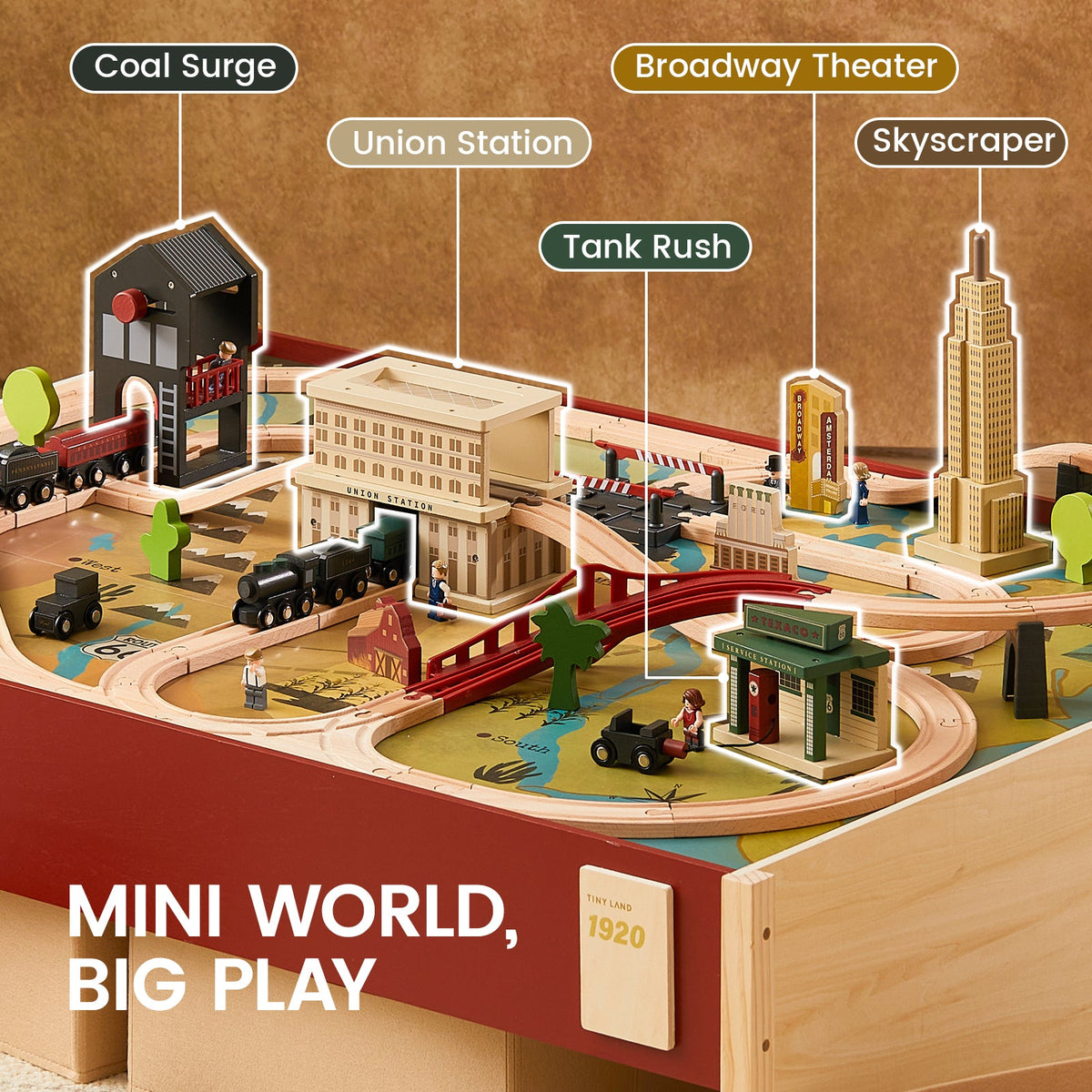 Tiny Land 1920 Railway Adventure Wooden Train Table – 102-Piece Train Set with Storage