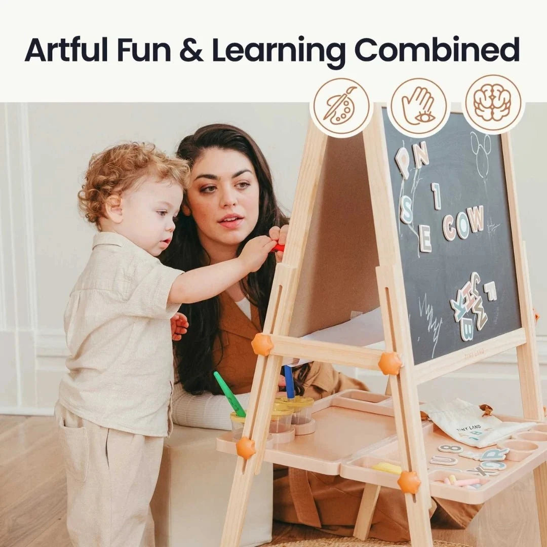 Tiny Land® Caramel Magnitales Art Easel & Paper Roll Set – Double-Sided Magnetic Easel with 3 Extra Paper Rolls, Ages 3–8