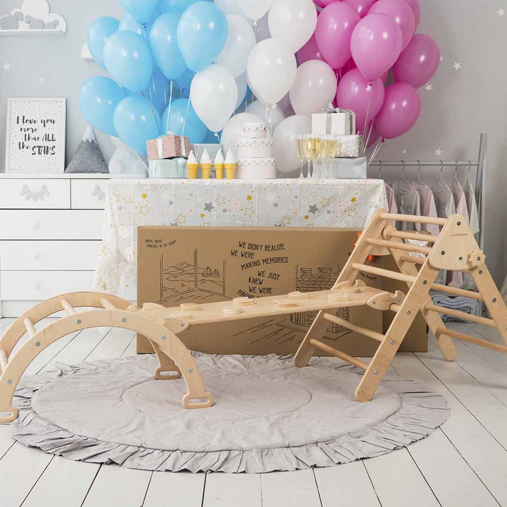 Wood and Hearts Eco-Friendly Wooden Montessori Climbing 3-in-1 Set | Foldable Triangle, Climbing Arch, Rocker Board