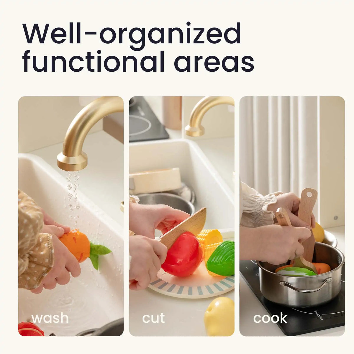 Tiny Land Iconic Aqua Play Kitchen with Running Water – Cream Pretend Play Kitchen