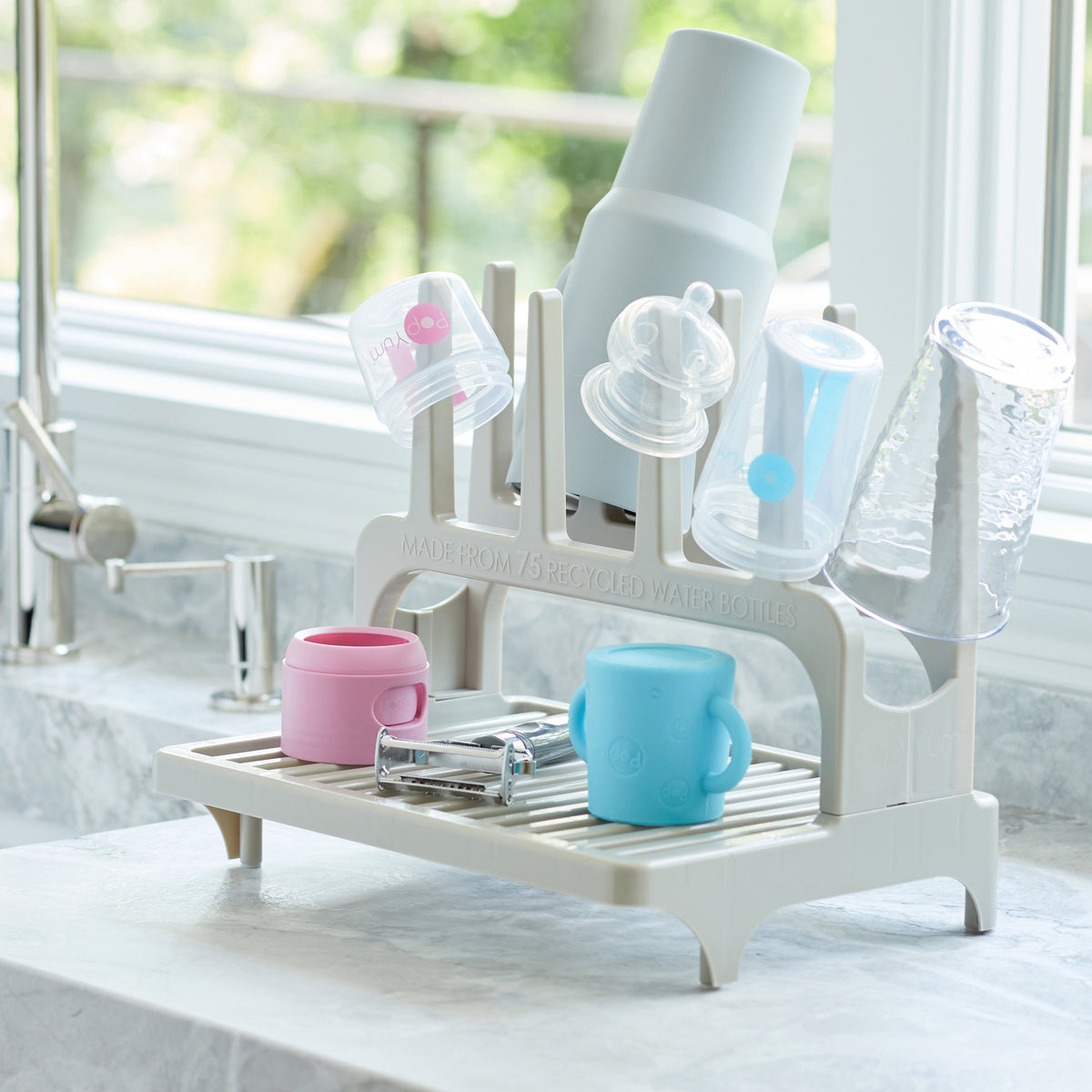PopYum 9oz Formula-Making Baby Bottle 3-Pack with Gray Drying Rack – Blue