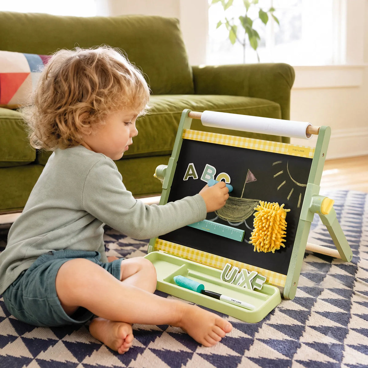 Tiny Land® Double-Sided Magnetic Tabletop Easel – Whiteboard, Chalkboard & Paper Roll with Letter Magnets, Ages 3+