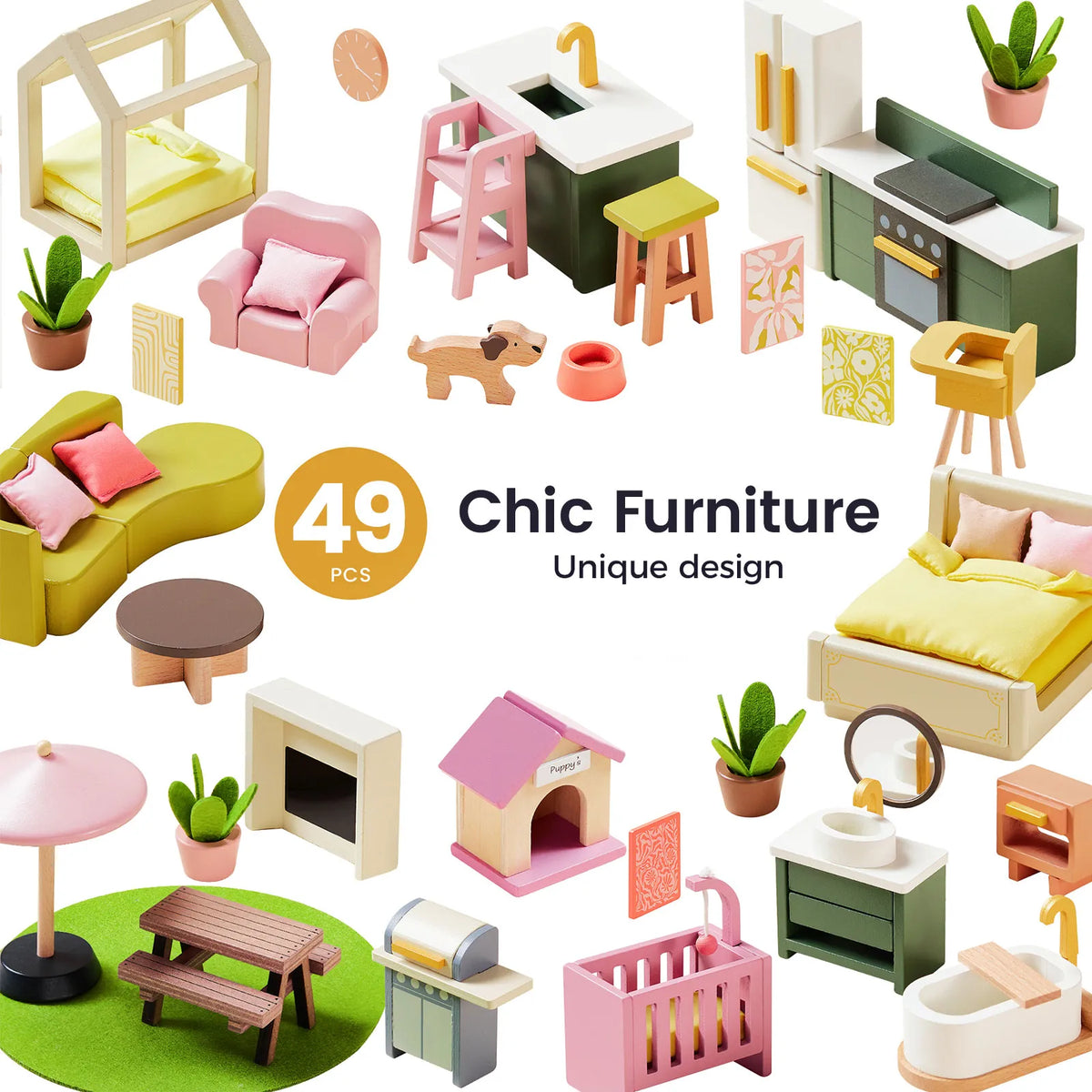 Tiny Land® Sweetwood Edge Wooden Dollhouse with Furniture – 3-Story 1:12 Scale Dollhouse, Green or Pink, Ages 3+