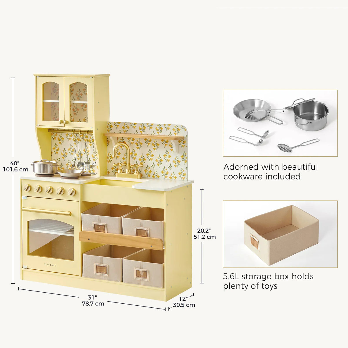 Tiny Land Wooden Play Kitchen with Storage – Cottage-Style Toddler Kitchen