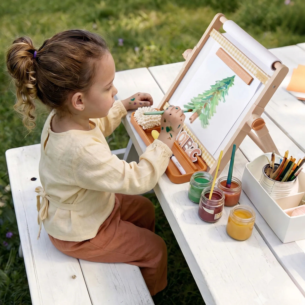 Tiny Land® Double-Sided Magnetic Tabletop Easel – Whiteboard, Chalkboard & Paper Roll with Letter Magnets, Ages 3+