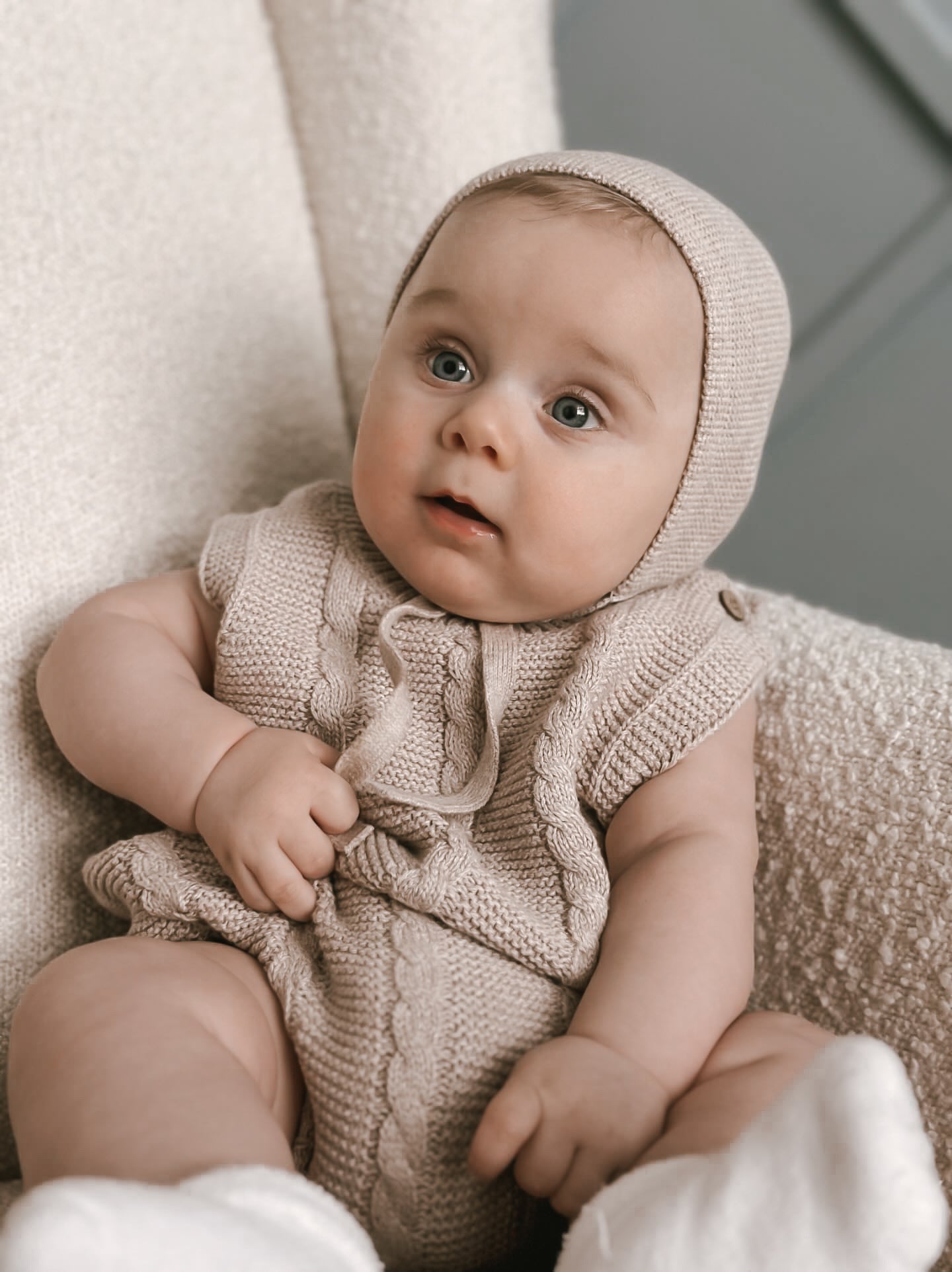 Luca + Luna Organic Cotton Cable Knit Baby Summer Romper - Heather Beige