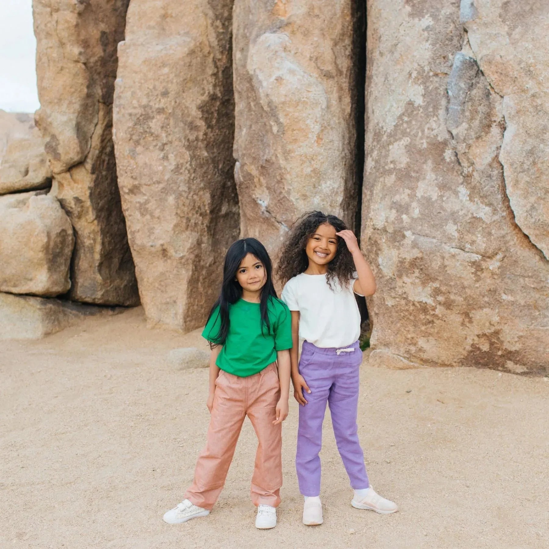 organic cotton kids' pants jackalo jules girls on the beach