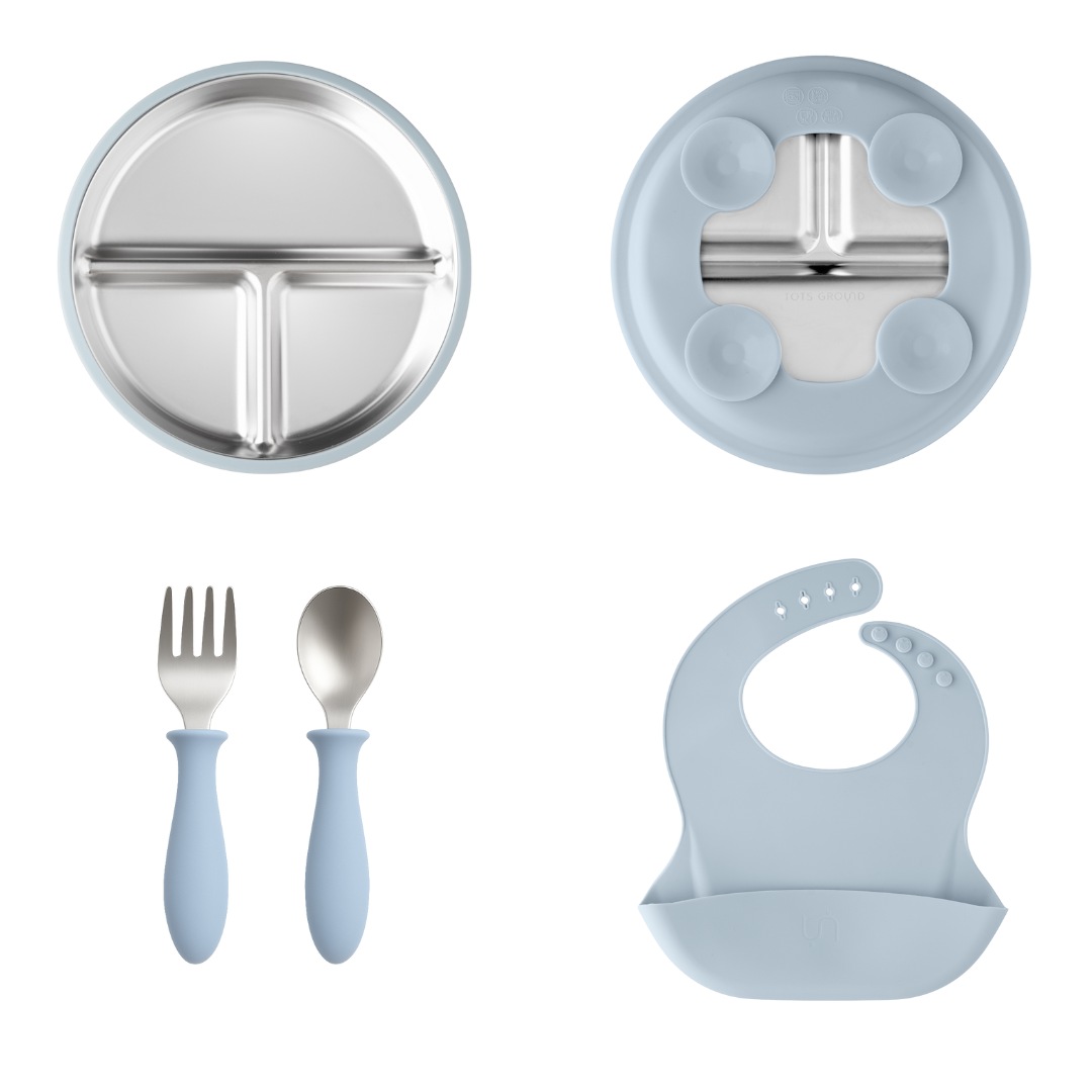 Tots Ground Complete Toddler Feeding Set - Stainless Steel & Silicone | Baby Blue