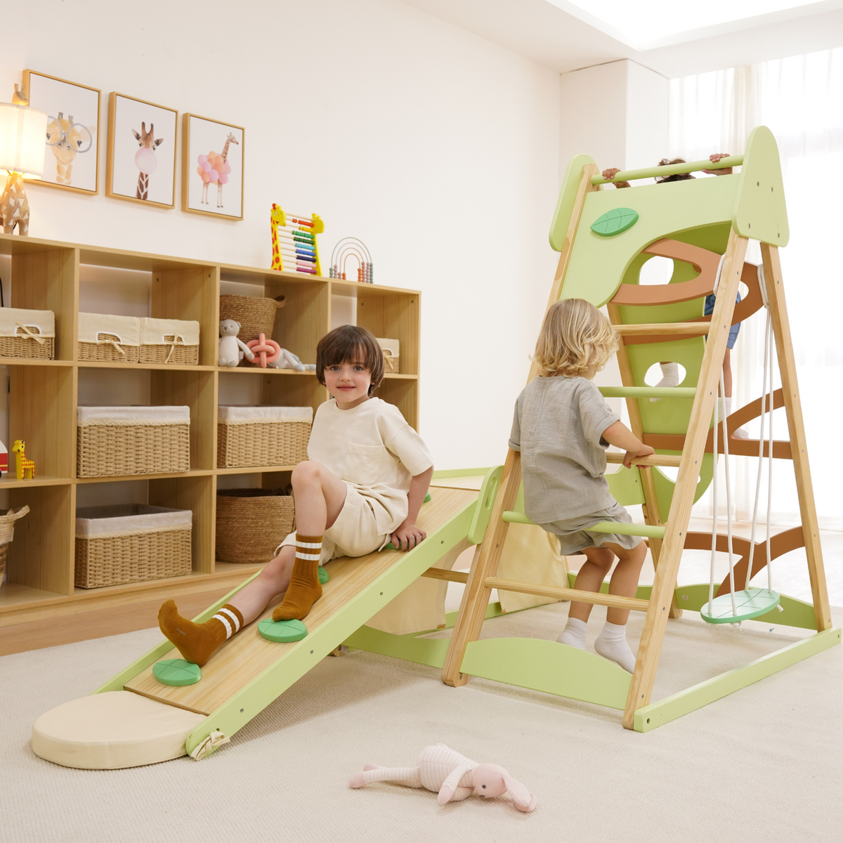 Avenlur Bush 6-in-1 Wooden Indoor Jungle Gym – Montessori Toddler Climber with Slide, Rock Wall & Swing