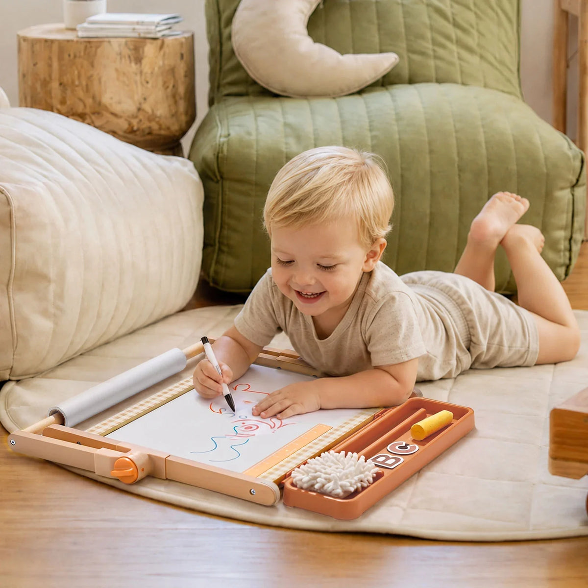 Tiny Land® Double-Sided Magnetic Tabletop Easel – Whiteboard, Chalkboard & Paper Roll with Letter Magnets, Ages 3+