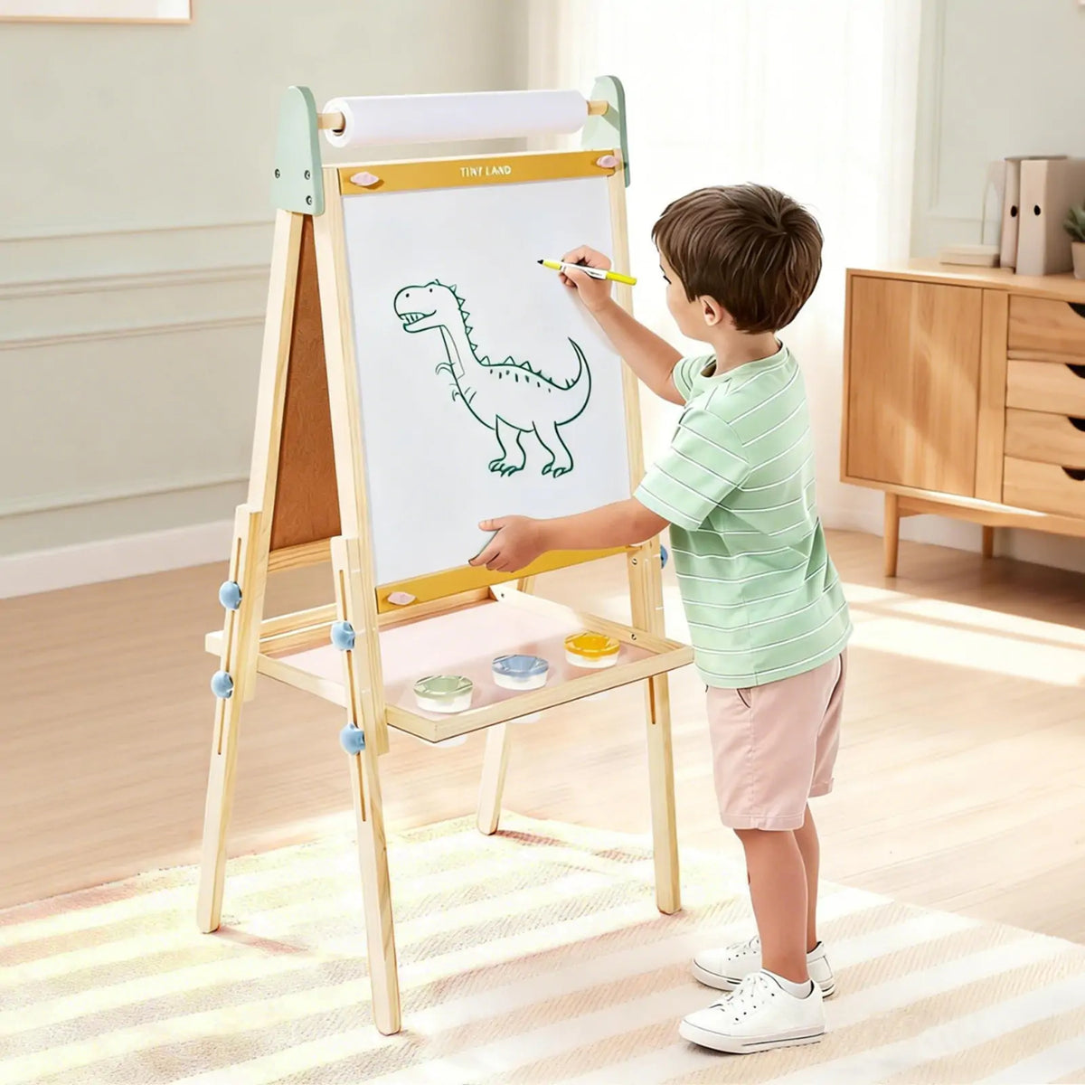 Tiny Land 3-in-1 Kids Art Easel – Chalkboard, Magnetic Whiteboard & Paper Roll