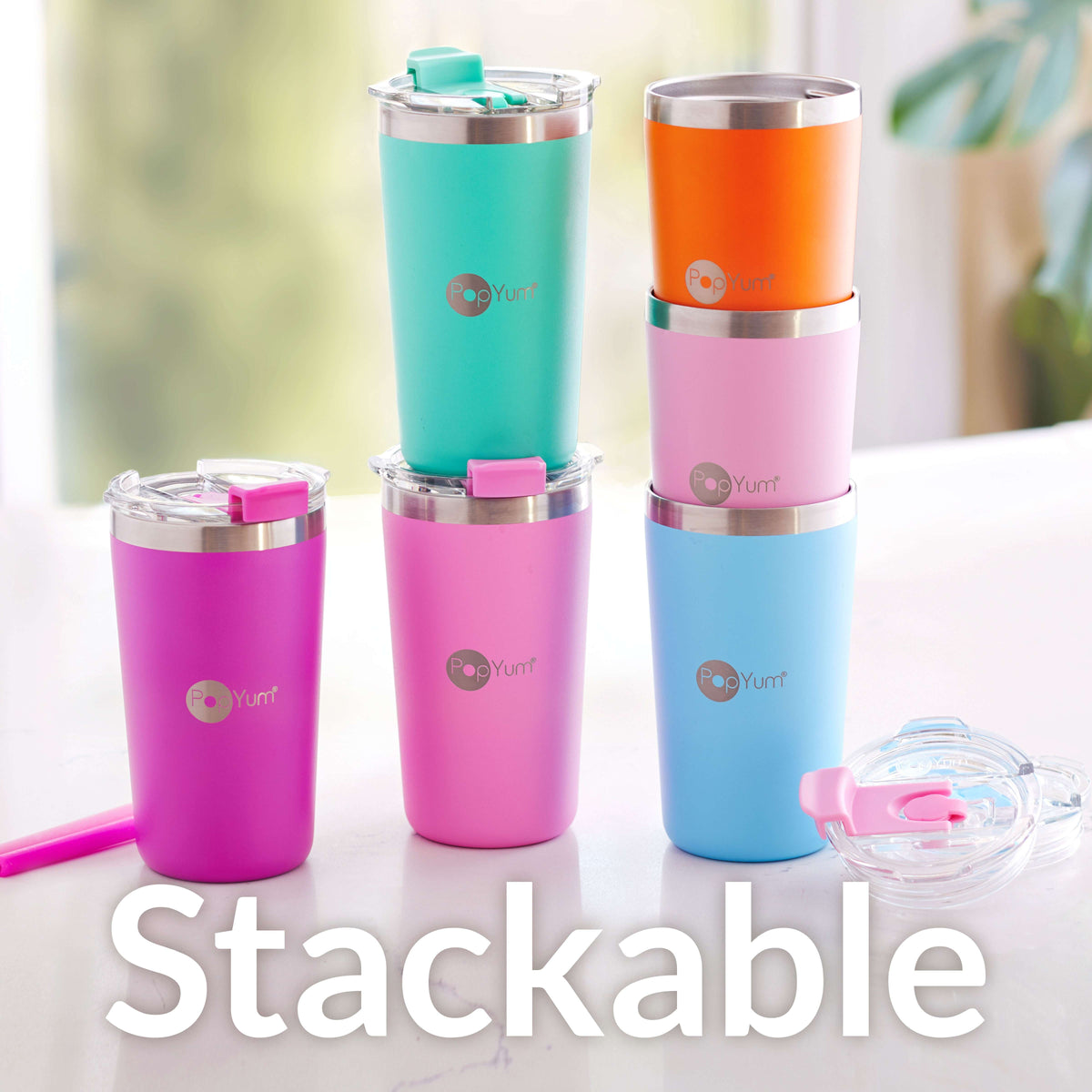 PopYum 13oz Insulated Stainless Steel Kids' Cups with Straw, 2-Pack – Electric Purple & Orchid Pink