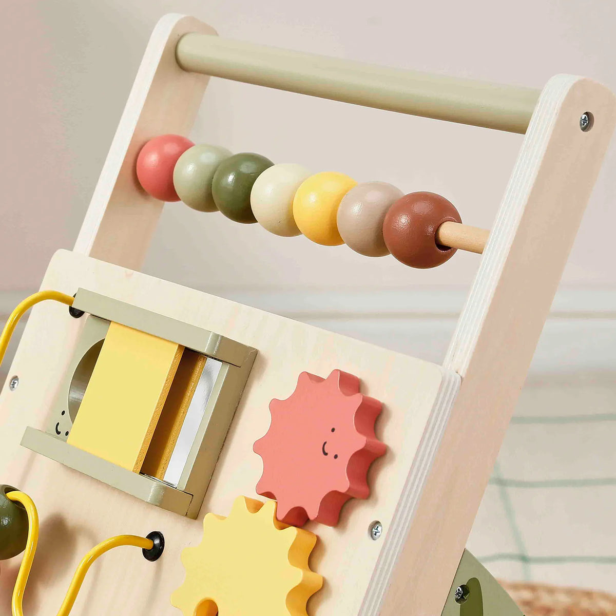 Tiny Land Sage Green Wooden Baby Walker – Push Walker with Activity Center