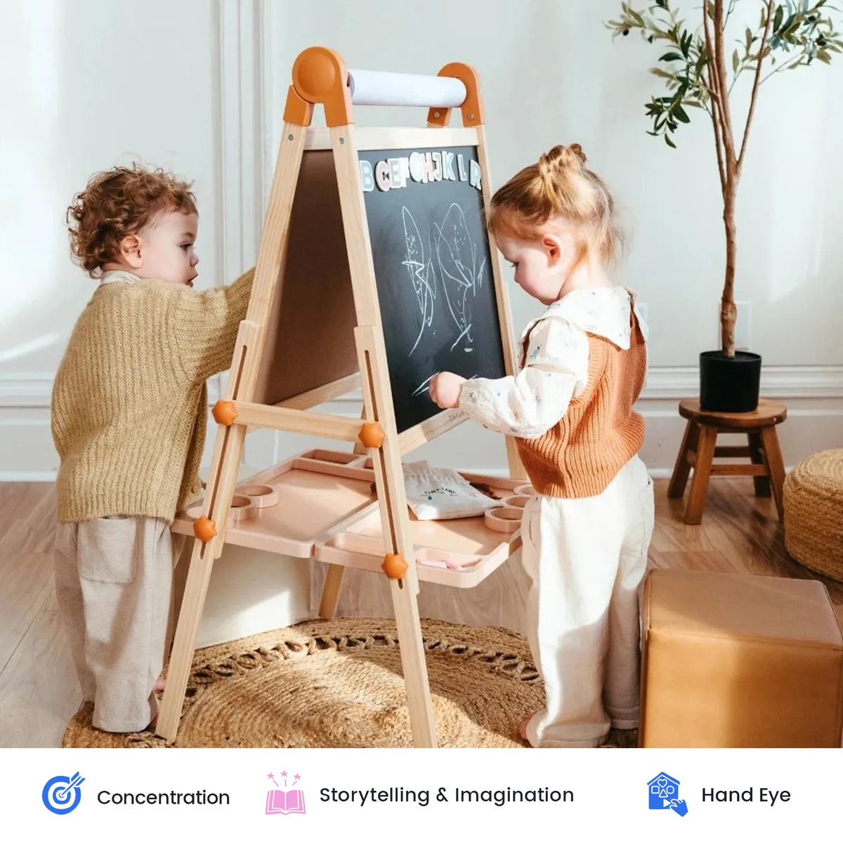 Tiny Land® Caramel Magnitales Art Easel & Paper Roll Set – Double-Sided Magnetic Easel with 3 Extra Paper Rolls, Ages 3–8