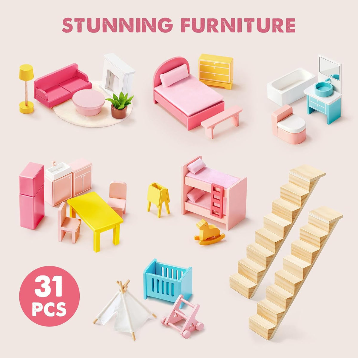 Tiny Land® Sweetwood Wooden Dollhouse without Dolls – 3 Levels + Attic, 6 Rooms, Wooden Furniture Set, Ages 3+