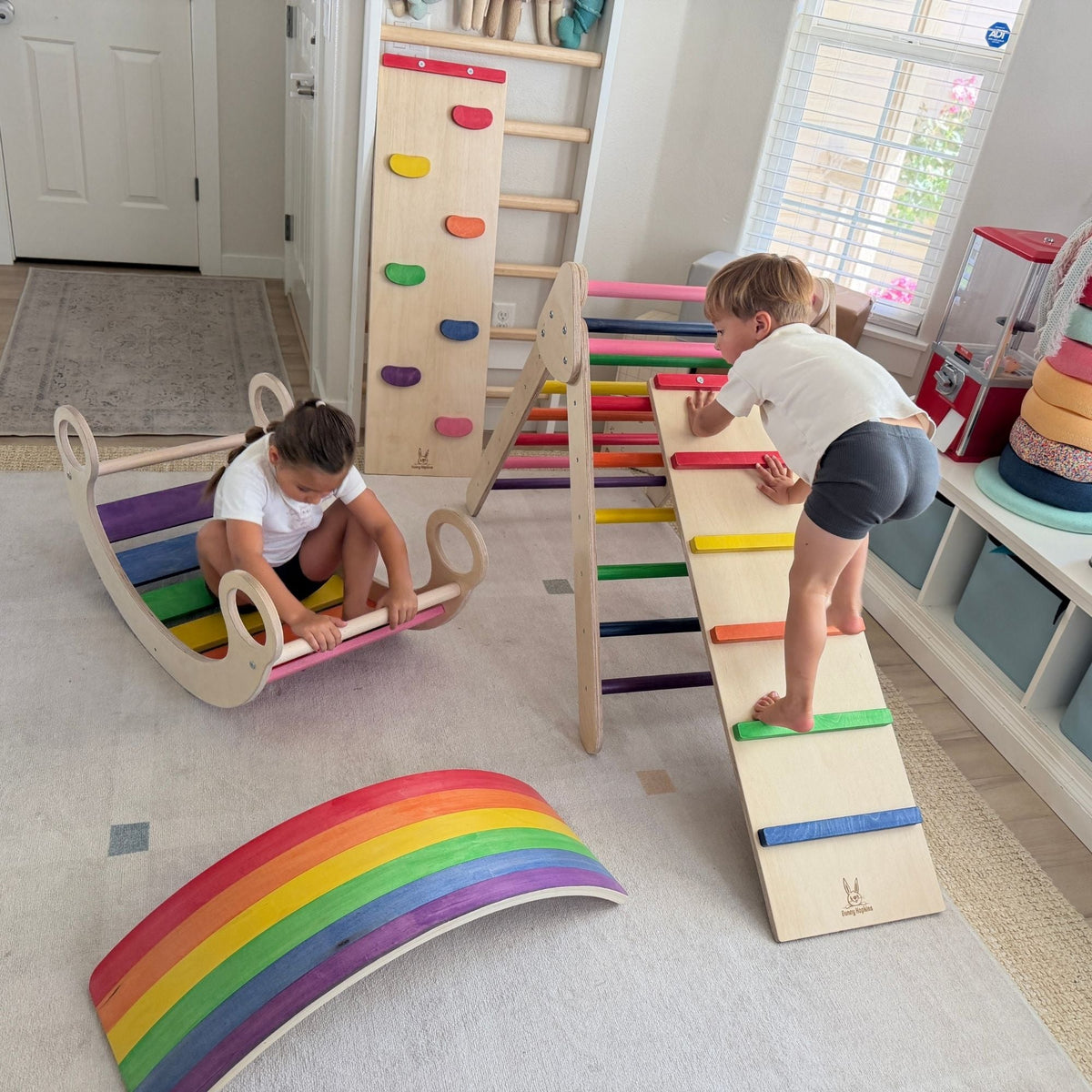 Bunny Hopkins Complete Home Adventure Playset – Pikler Triangle, 2 Ramps, Climbing Arch and Wobble Board, Made in the USA
