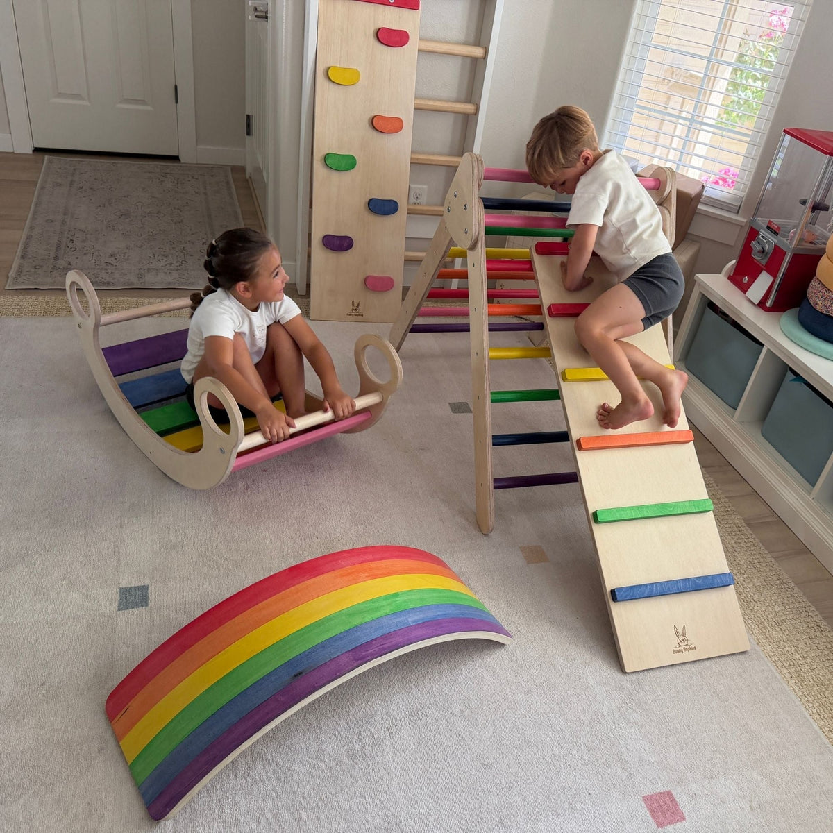 Bunny Hopkins Complete Home Adventure Playset – Pikler Triangle, 2 Ramps, Climbing Arch and Wobble Board, Made in the USA