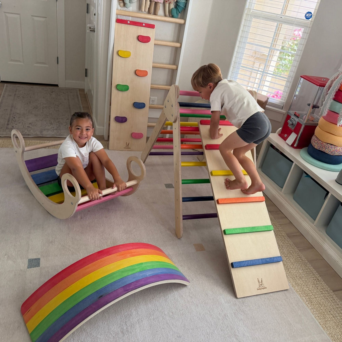 Bunny Hopkins Complete Home Adventure Playset – Pikler Triangle, 2 Ramps, Climbing Arch and Wobble Board, Made in the USA