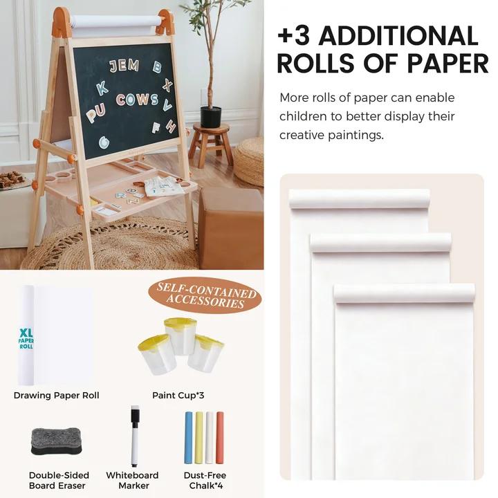 Tiny Land® Caramel Magnitales Art Easel & Paper Roll Set – Double-Sided Magnetic Easel with 3 Extra Paper Rolls, Ages 3–8