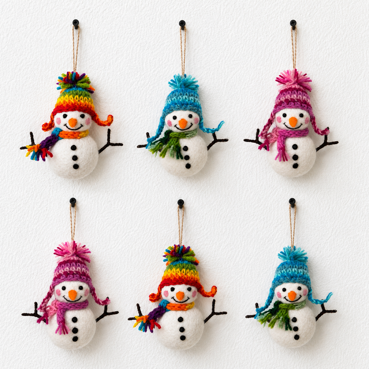 Snowman Ornament with Woven Hat – Handmade Wool Felt Holiday Decor