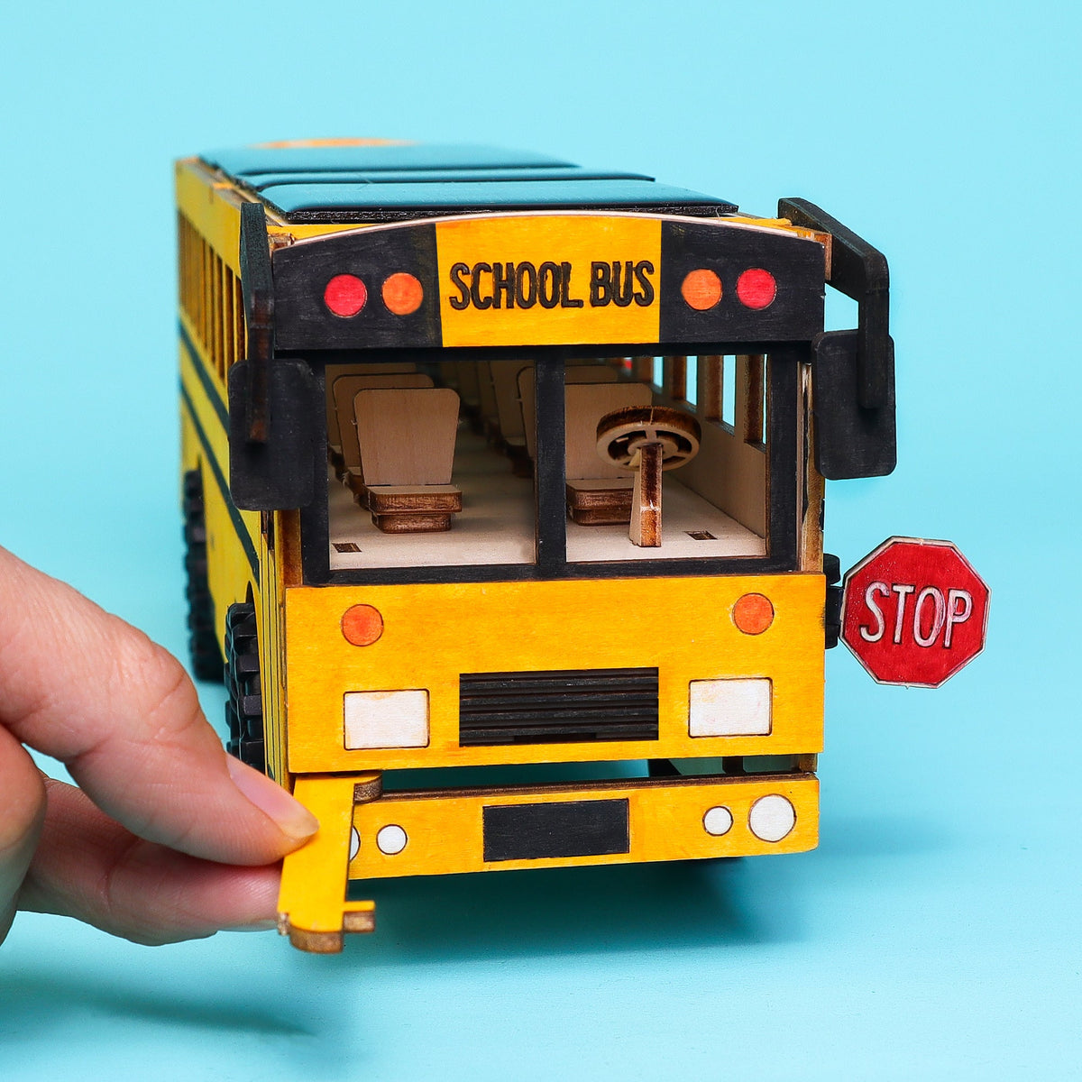 Kitsville Dual Power School Bus DIY Kit – Wooden STEM Building Kit for Kids