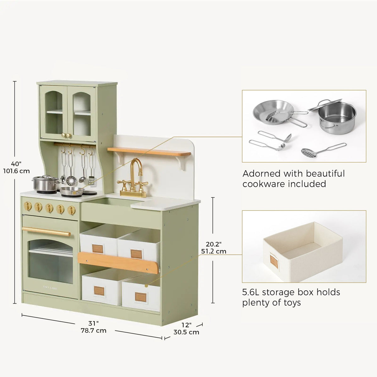 Tiny Land Wooden Play Kitchen with Storage – Cottage-Style Toddler Kitchen