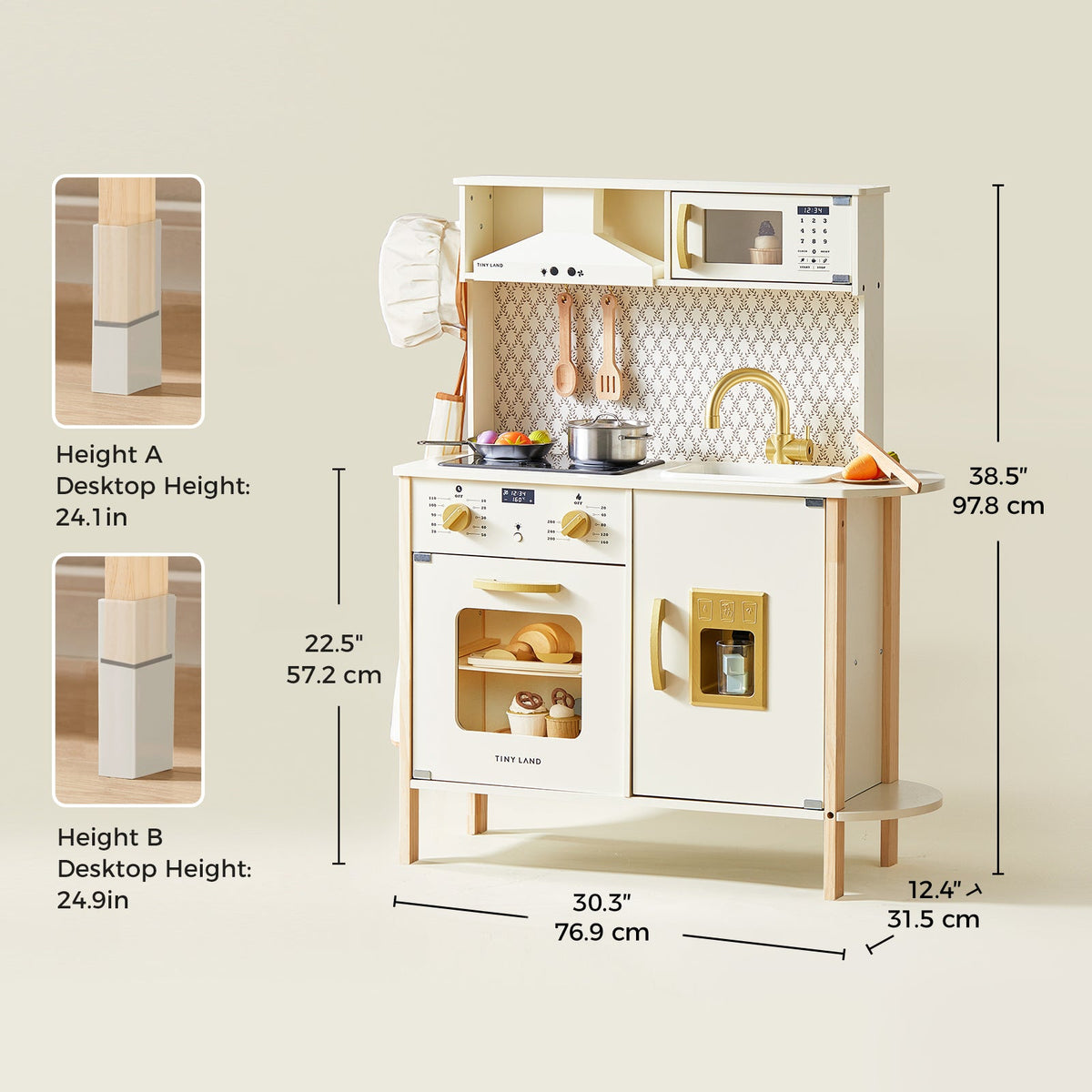 Tiny Land® PopJoy Wooden Play Kitchen with Lights & Sounds, Adjustable Height, Accessories Included – Ages 3–7