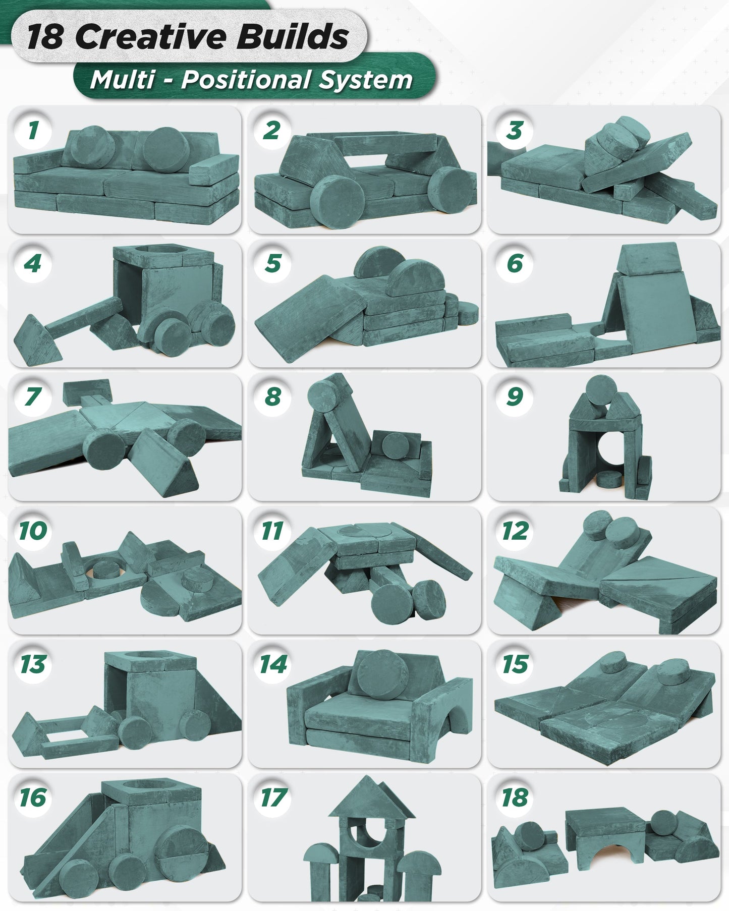 LX15 14pcs Modular Kids Couch Teal Blue