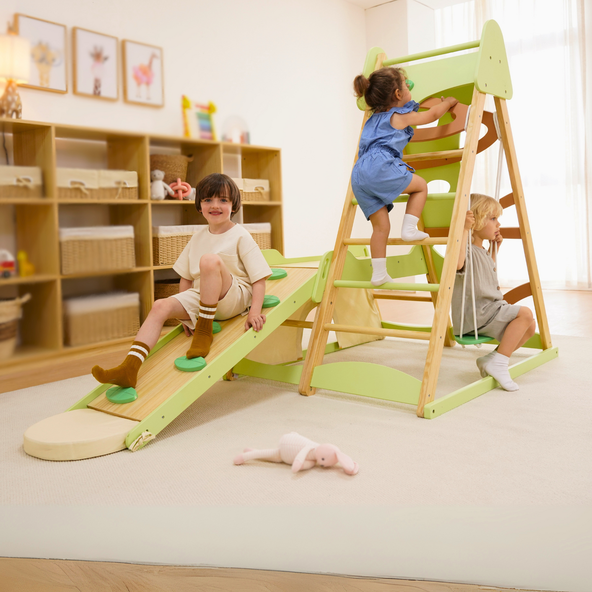 Avenlur Bush 6-in-1 Wooden Indoor Jungle Gym – Montessori Toddler Climber with Slide, Rock Wall & Swing