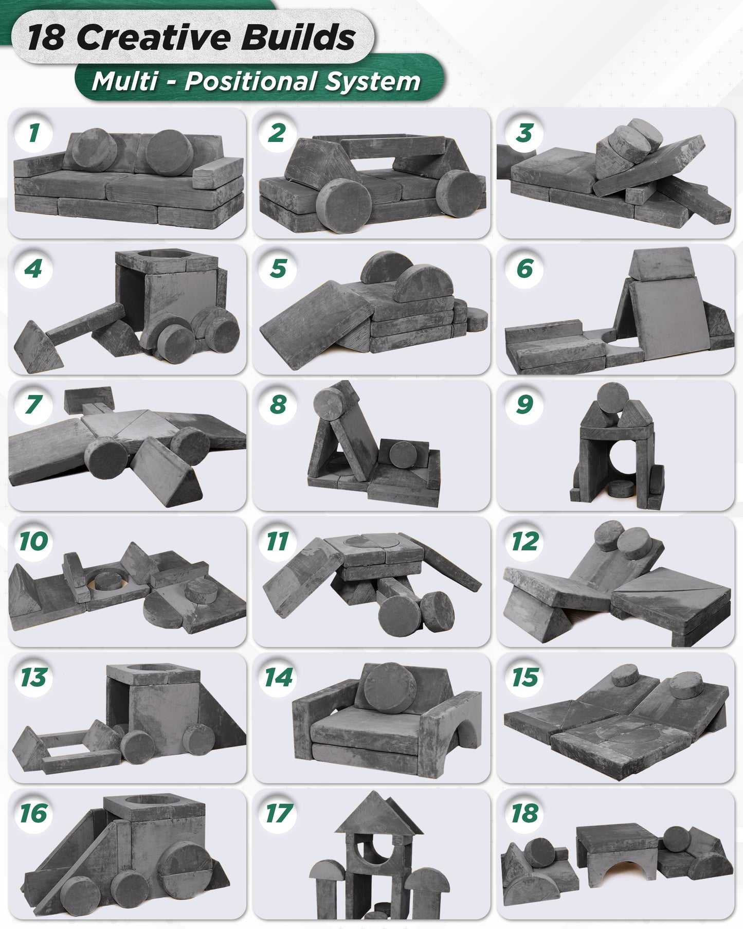 LX15 14pcs Modular Kids Couch Steel Gray