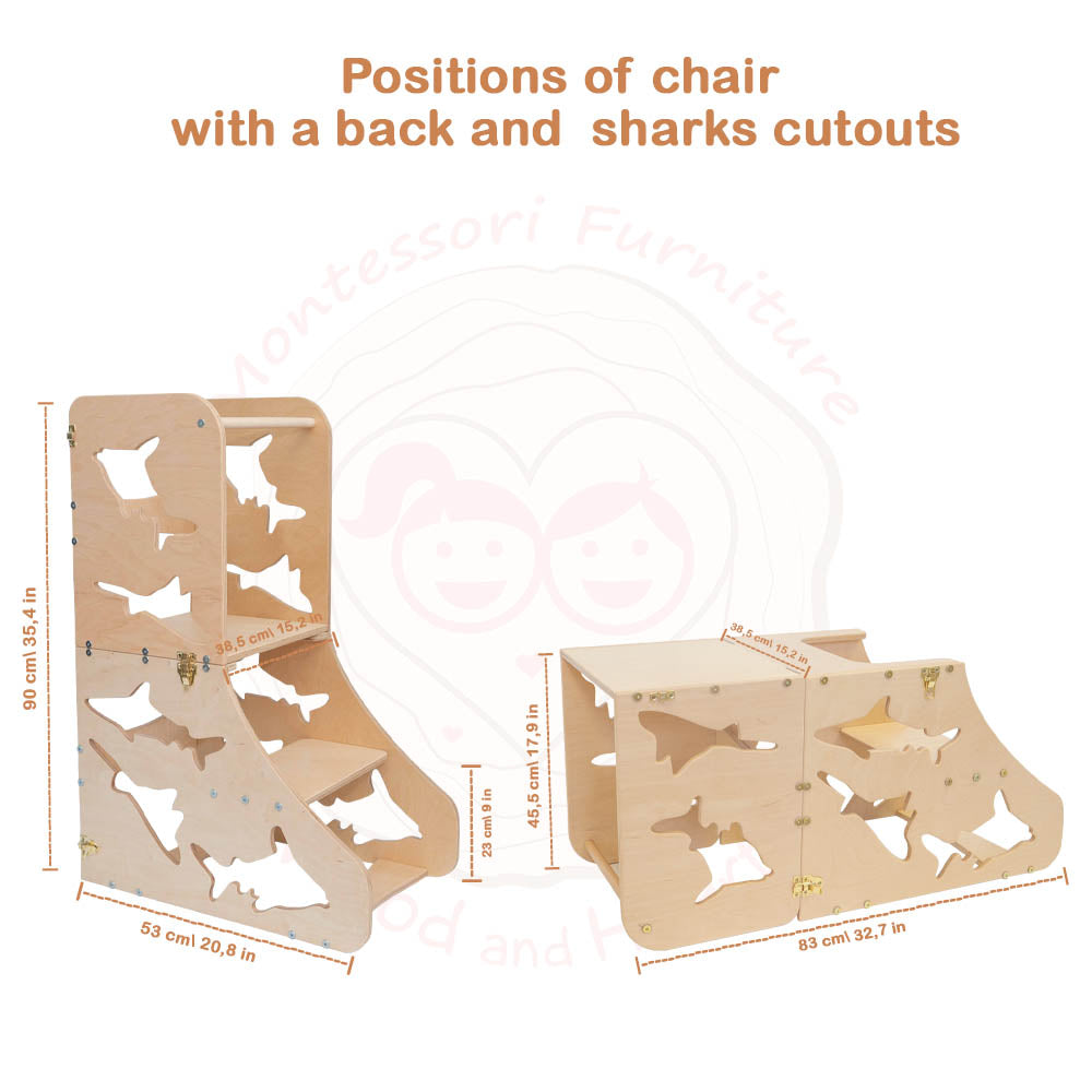 Wood and Hearts Eco-Friendly Wooden Convertible Kids' Kitchen Tower Step Stool Table and Chair