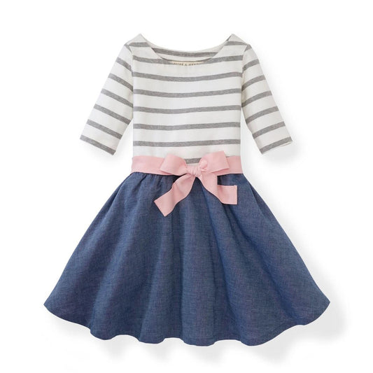 Lightweight Blocked Organic Skater Dress - Gray Stripe with Chambray