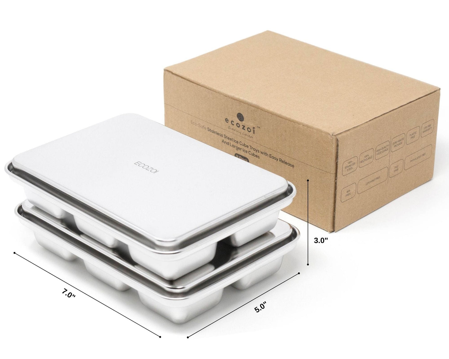 Ecozoi STAINLESS STEEL ICE CUBE TRAYS, 12 Large Cubes, 2 PACK