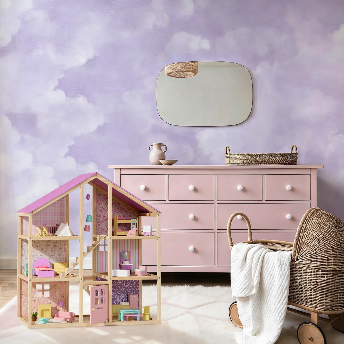 Tiny Land® Sweetwood Wooden Dollhouse without Dolls – 3 Levels + Attic, 6 Rooms, Wooden Furniture Set, Ages 3+