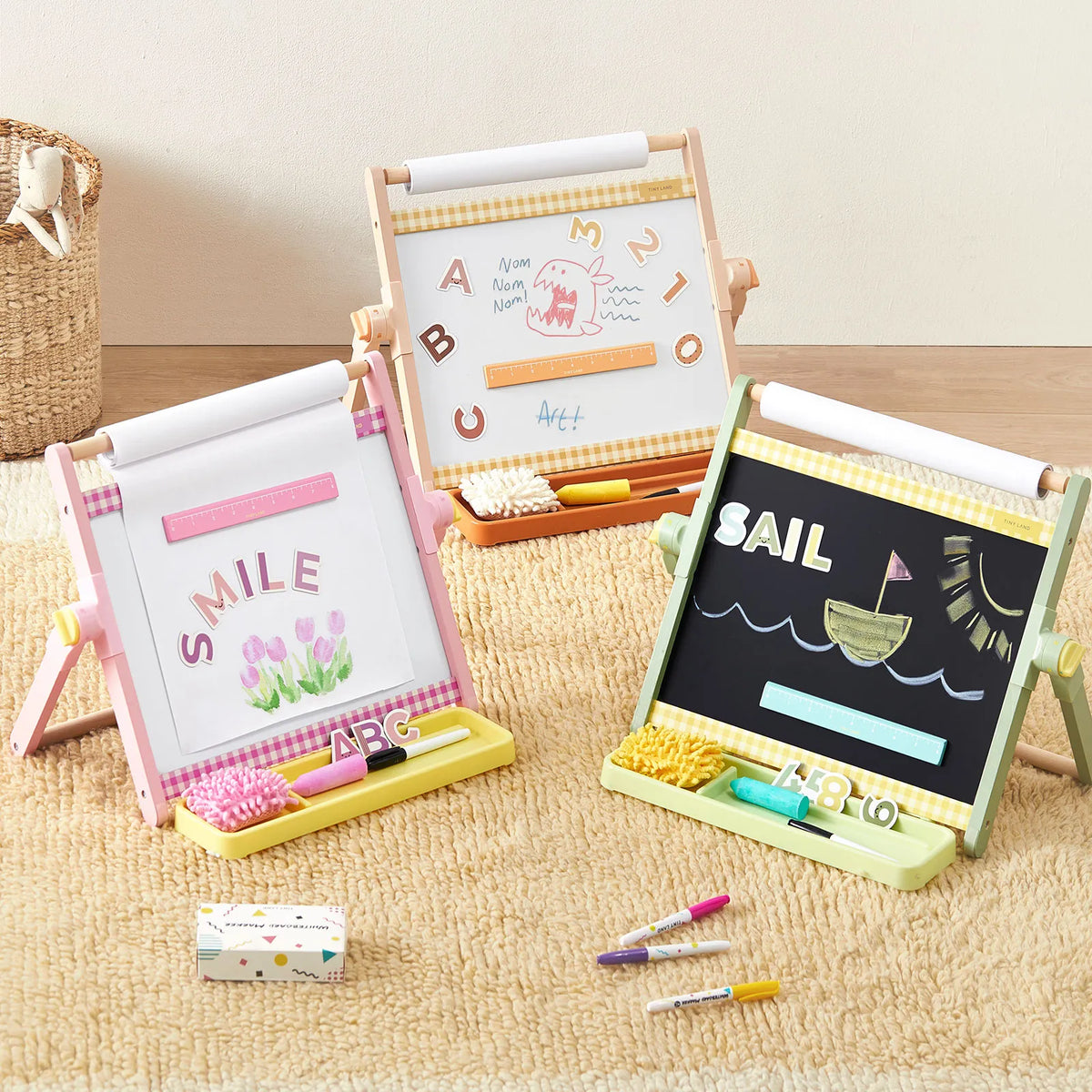 Tiny Land® Double-Sided Magnetic Tabletop Easel – Whiteboard, Chalkboard & Paper Roll with Letter Magnets, Ages 3+