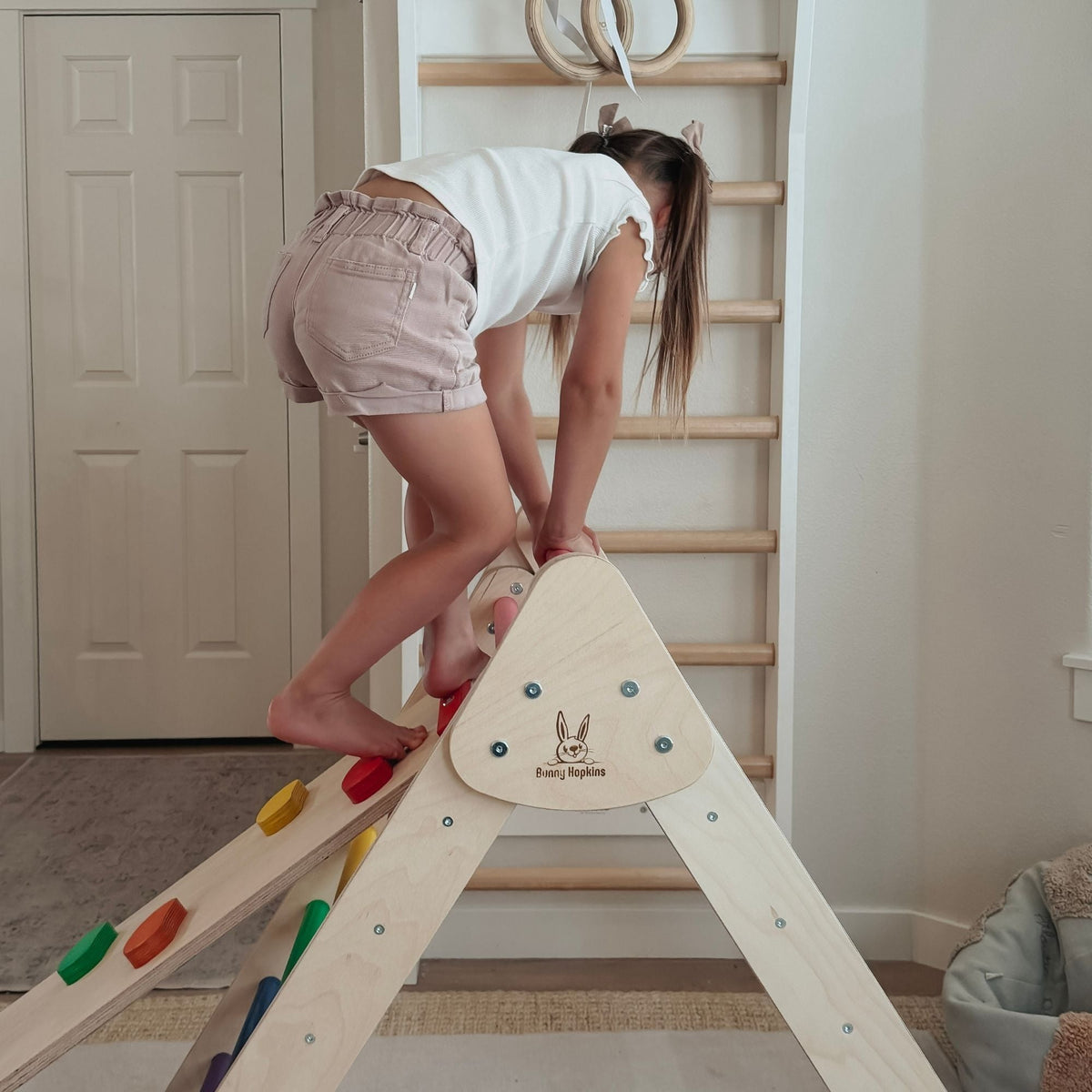 Bunny Hopkins Complete Home Adventure Playset – Pikler Triangle, 2 Ramps, Climbing Arch and Wobble Board, Made in the USA