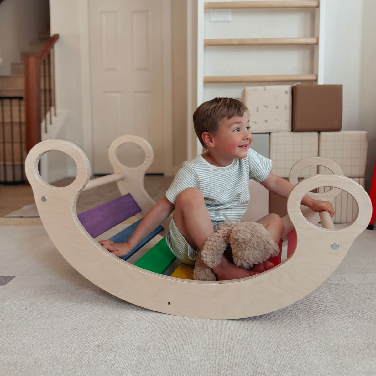 Bunny Hopkins Complete Home Adventure Playset – Pikler Triangle, 2 Ramps, Climbing Arch and Wobble Board, Made in the USA