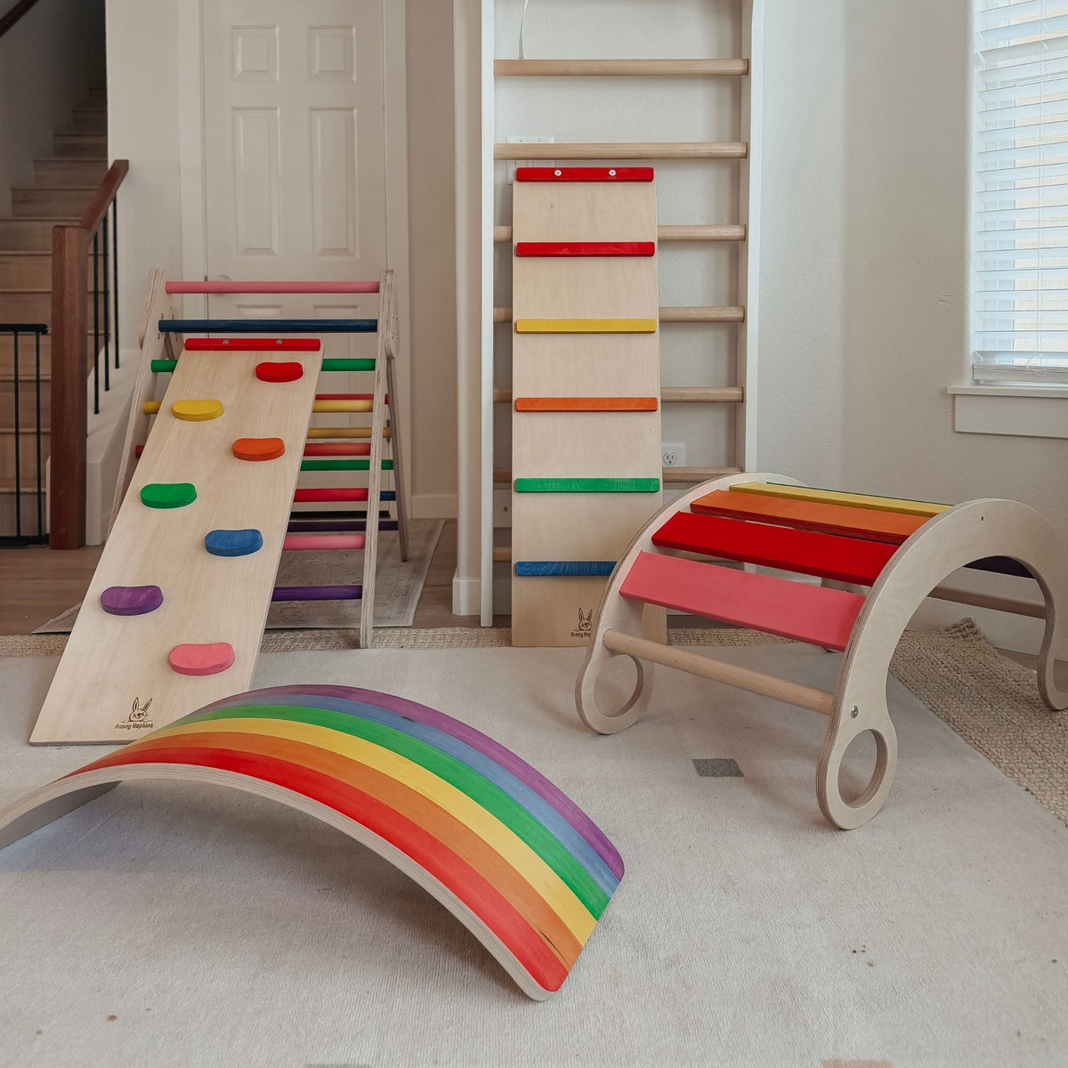 Bunny Hopkins Complete Home Adventure Playset – Pikler Triangle, 2 Ramps, Climbing Arch and Wobble Board, Made in the USA