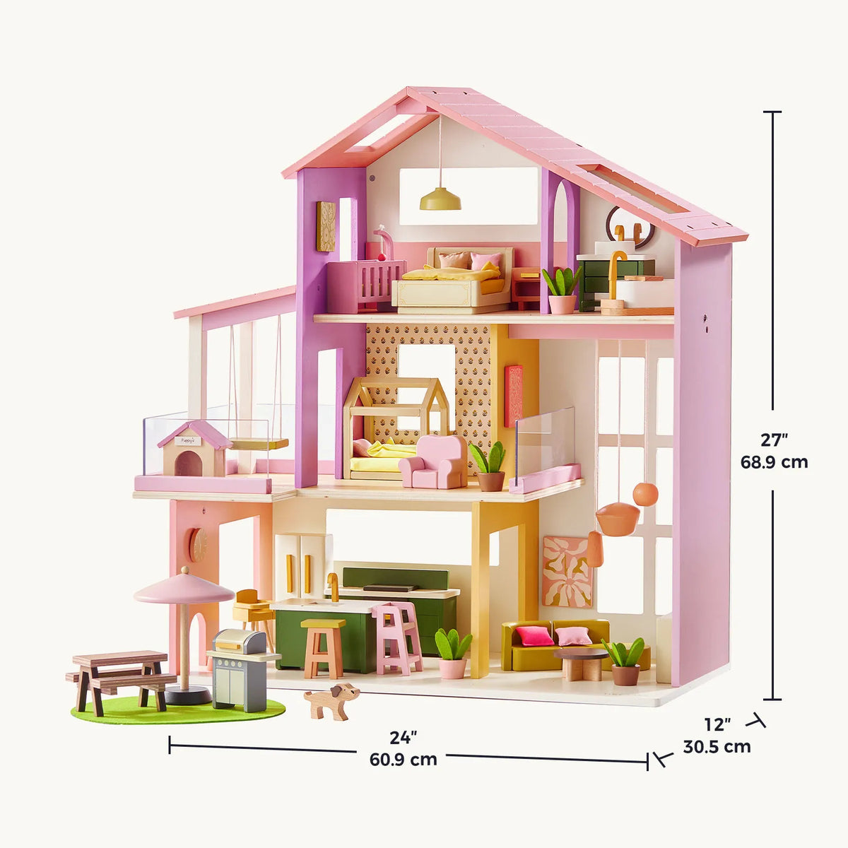 Tiny Land® Sweetwood Edge Wooden Dollhouse with Furniture – 3-Story 1:12 Scale Dollhouse, Green or Pink, Ages 3+