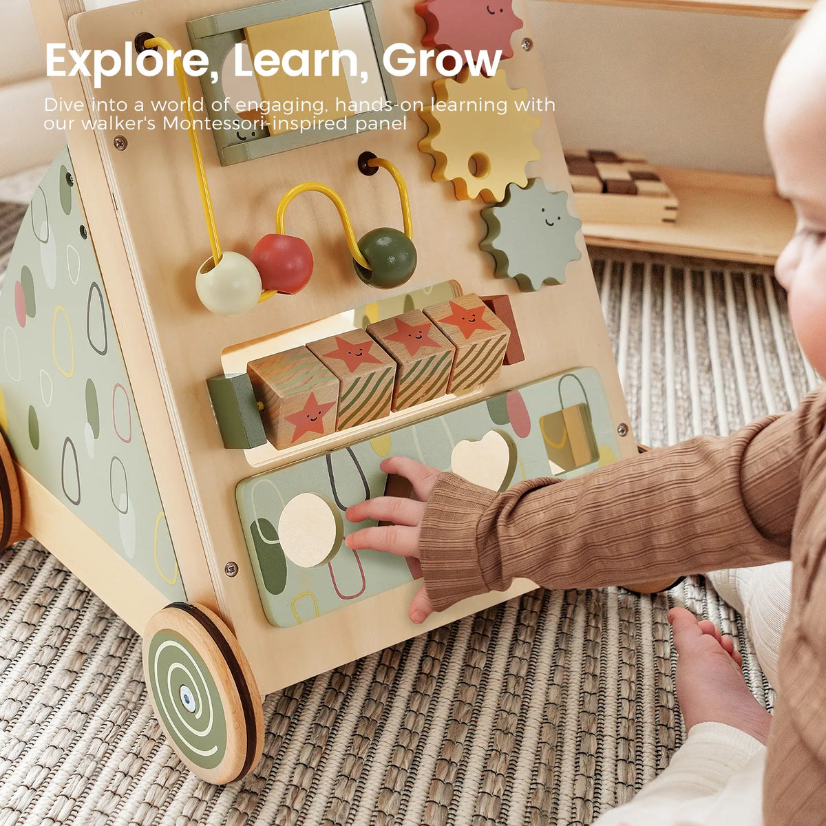 Tiny Land Sage Green Wooden Baby Walker – Push Walker with Activity Center