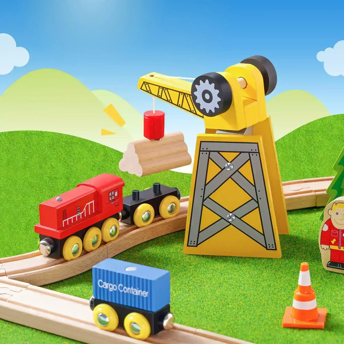 Tiny Land® Eco-Friendly Wooden Track Trains 55 Pcs