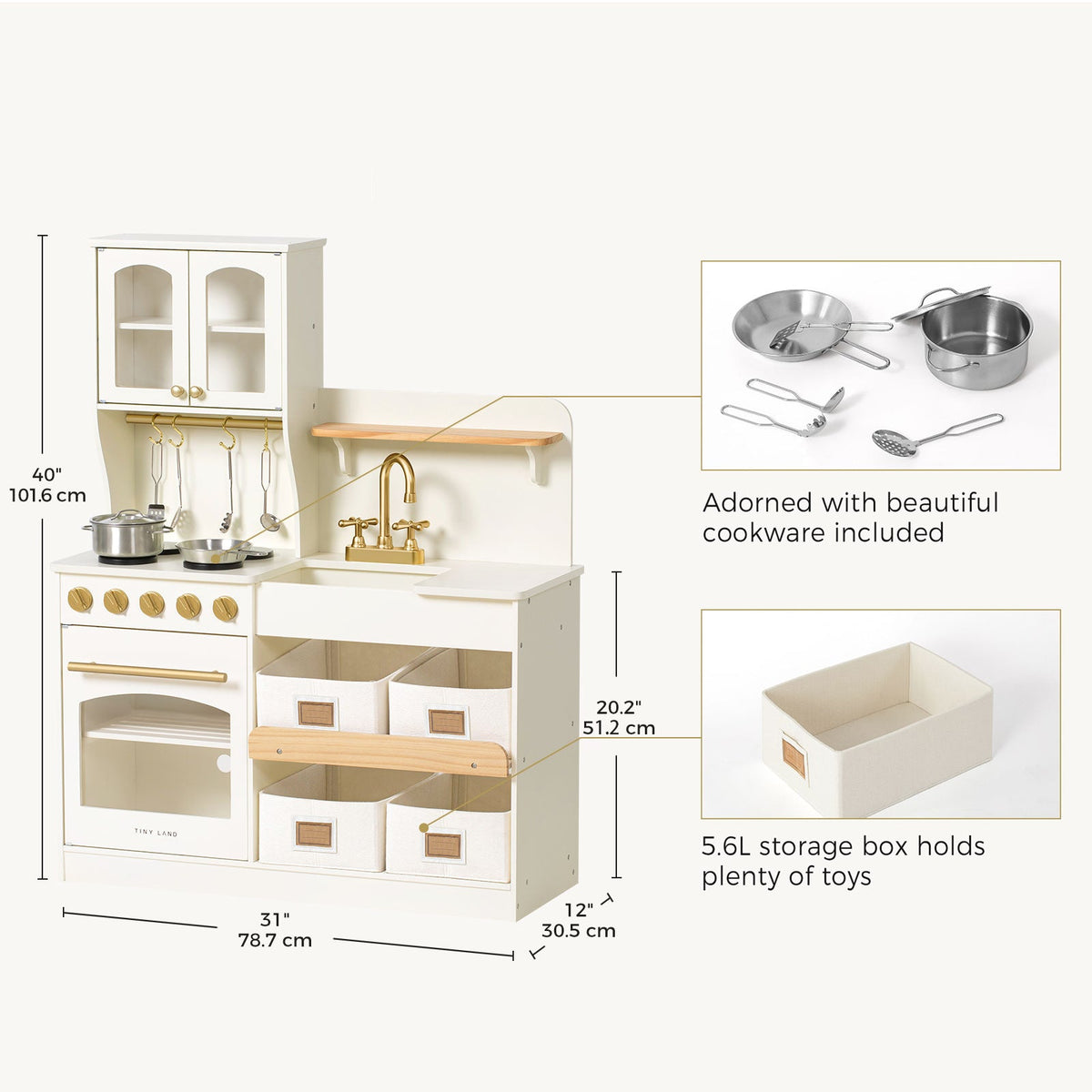 Tiny Land Wooden Play Kitchen with Storage – Cottage-Style Toddler Kitchen