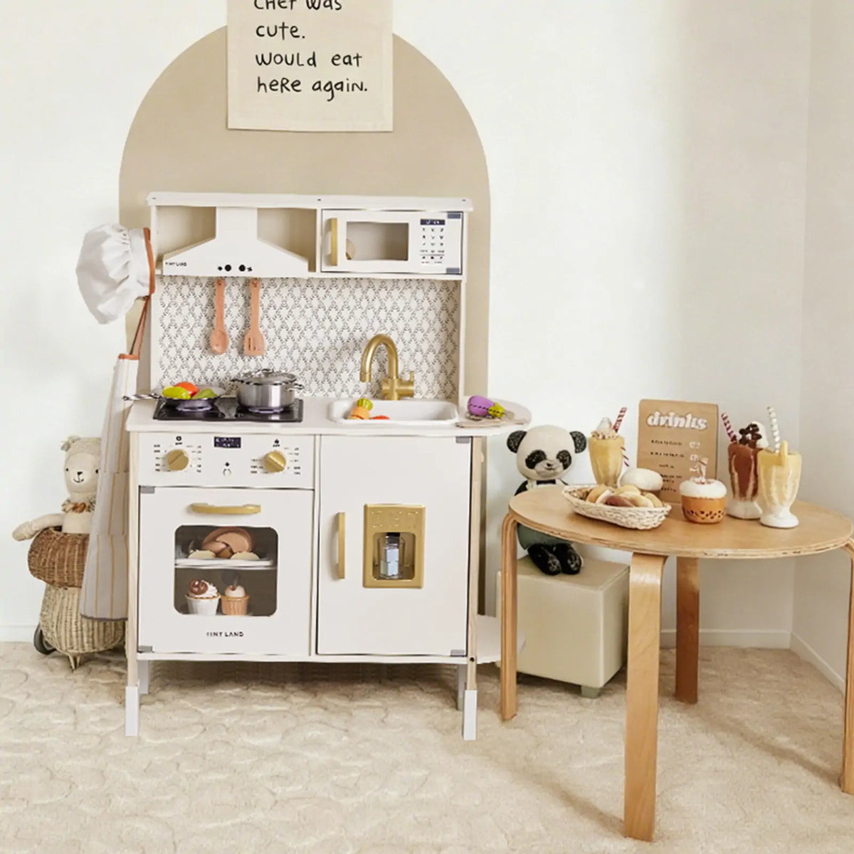 Tiny Land® PopJoy Wooden Play Kitchen with Lights & Sounds, Adjustable Height, Accessories Included – Ages 3–7