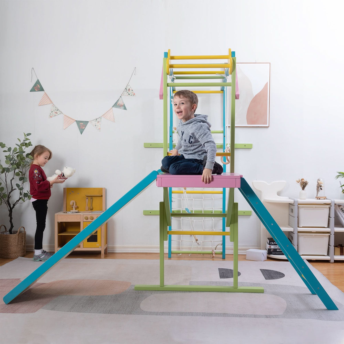 Avenlur Grove 8-in-1 Foldable Wall-Mounted Indoor Jungle Gym with Slide, Rope Net & Swing