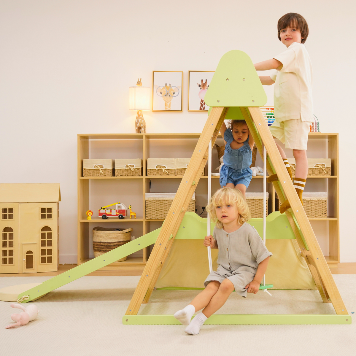Avenlur Bush 6-in-1 Wooden Indoor Jungle Gym – Montessori Toddler Climber with Slide, Rock Wall & Swing