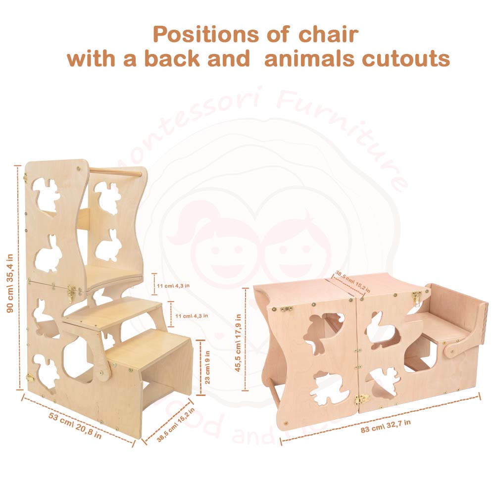 Wood and Hearts Eco-Friendly Wooden Convertible Kids' Kitchen Tower Step Stool Table and Chair