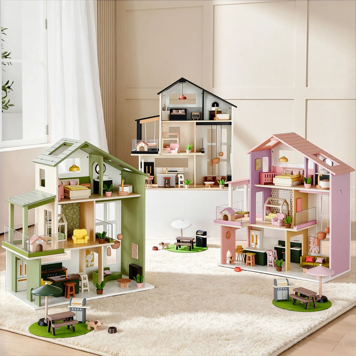 Tiny Land® Sweetwood Edge Wooden Dollhouse with Furniture – 3-Story 1:12 Scale Dollhouse, Green or Pink, Ages 3+